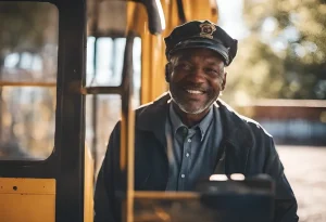 Smiling bus driver outside his bus.