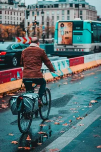 A cyclist biking in a city street.