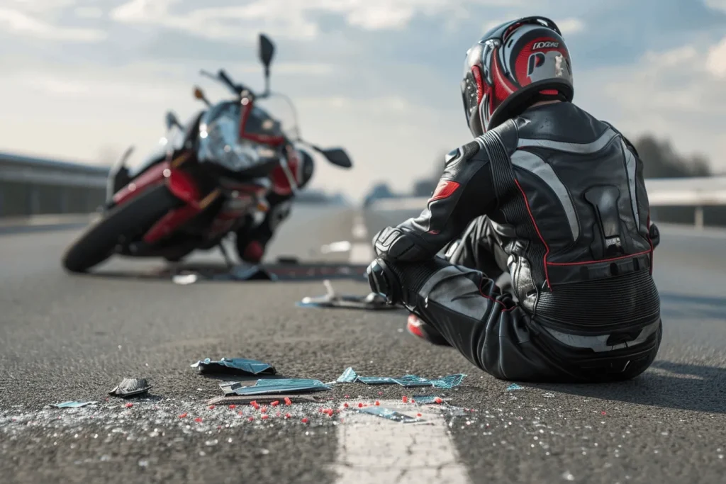 Motorcyclist sitting on the ground after an accident.