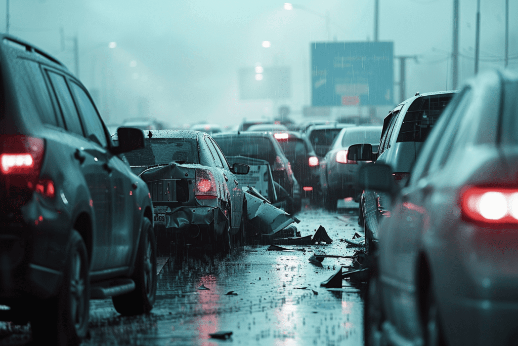 large pile-up accident on a rainy day.