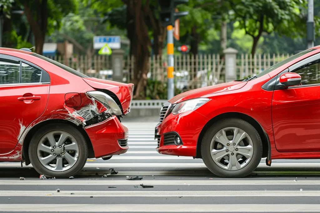 Two red cars in a car crash.