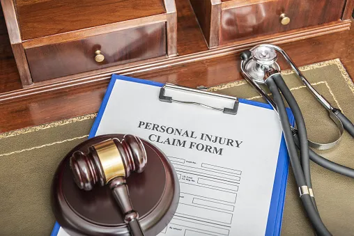 Paperwork that says personal injury claim form with a gavel on the paperwork.